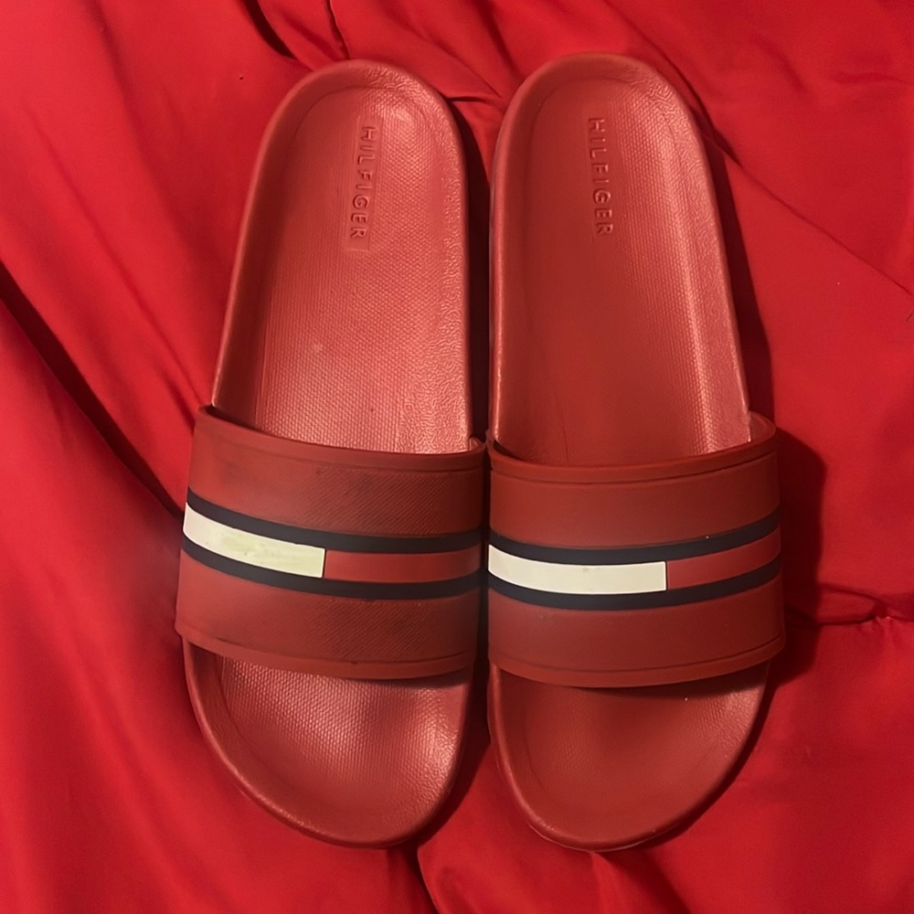 Vintage Tommy Hilfiger Slides, partially stained and used.